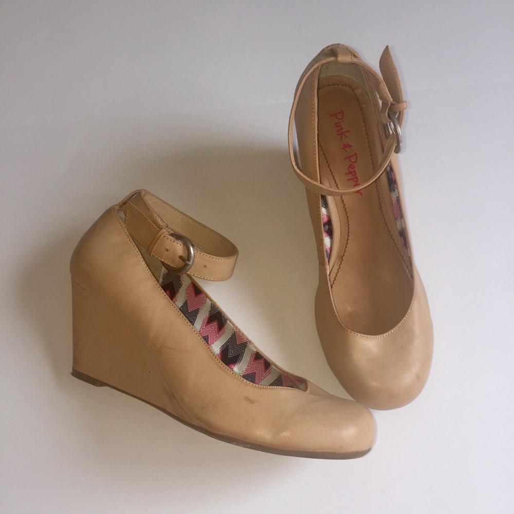 PINK & PEPPER Nude Tan Ankle Strap Wedge Heels